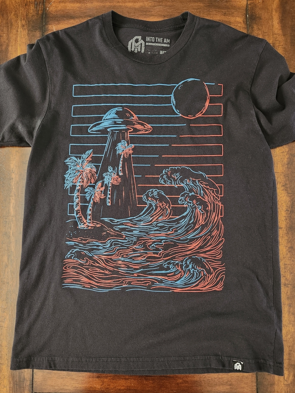 Into The A.M. Black Graphic Tee with Blue & Red Surf UFO Print Large